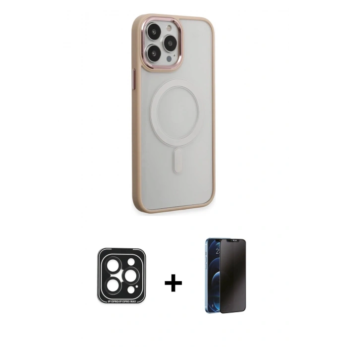 MARSİLYAN™- iPhone 15 Pro Max Kılıf Yankı Işık Özel Seri - Siyah 3D Antistatik Hayalet Cam Ekran Koruyucu + Siyah PVD Metal Kamera Lens