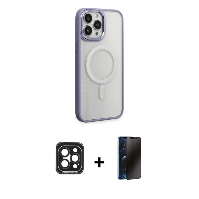 MARSİLYAN™- iPhone 15 Pro Max Kılıf Yankı Işık Özel Seri - Siyah 3D Antistatik Hayalet Cam Ekran Koruyucu + Siyah PVD Metal Kamera Lens