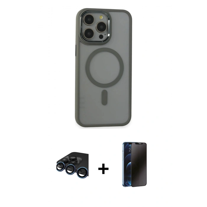 MARSİLYAN™- iPhone 15 Pro Max Kılıf Yankı Işık Özel Seri - Siyah 3D Antistatik Hayalet Cam Ekran Koruyucu + Lacivert Raze Metal Kamera Lens
