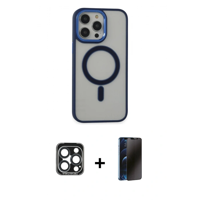 MARSİLYAN™- iPhone 15 Pro Max Kılıf Yankı Işık Özel Seri - Siyah 3D Antistatik Hayalet Cam Ekran Koruyucu + PVD Metal Kamera Lens - LT