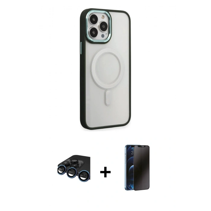 MARSİLYAN™- iPhone 15 Pro Max Kılıf Yankı Işık Özel Seri - Siyah 3D Antistatik Hayalet Cam Ekran Koruyucu + Lacivert Raze Metal Kamera Lens