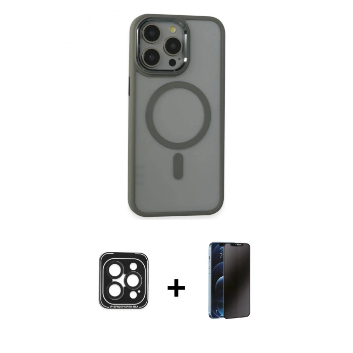 MARSİLYAN™- iPhone 15 Pro Max Kılıf Yankı Işık Özel Seri - Siyah 3D Antistatik Hayalet Cam Ekran Koruyucu + Siyah PVD Metal Kamera Lens