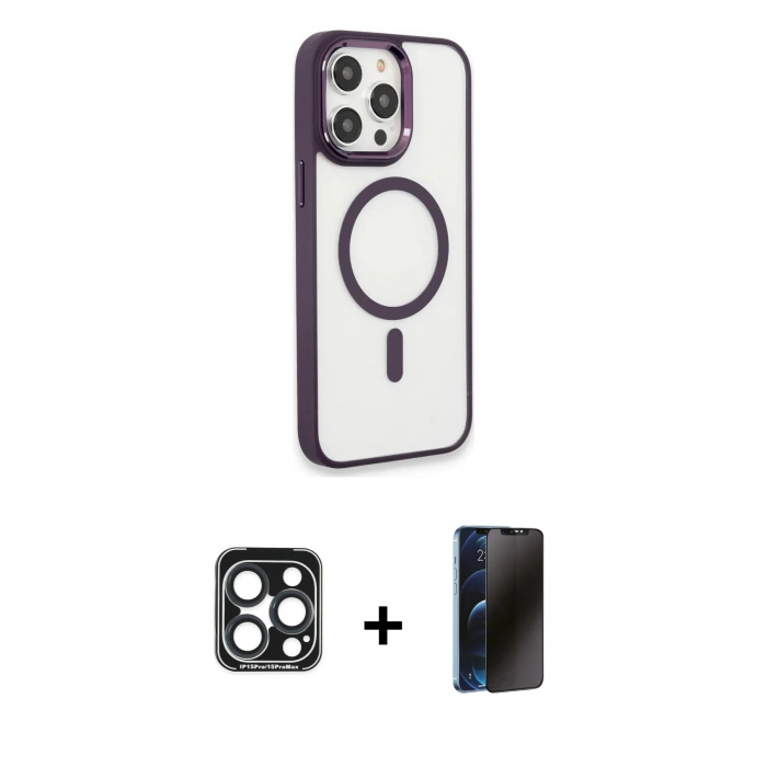 MARSİLYAN™- iPhone 15 Pro Max Kılıf Yankı Işık Özel Seri - Siyah 3D Antistatik Hayalet Cam Ekran Koruyucu + PVD Metal Kamera Lens - LT