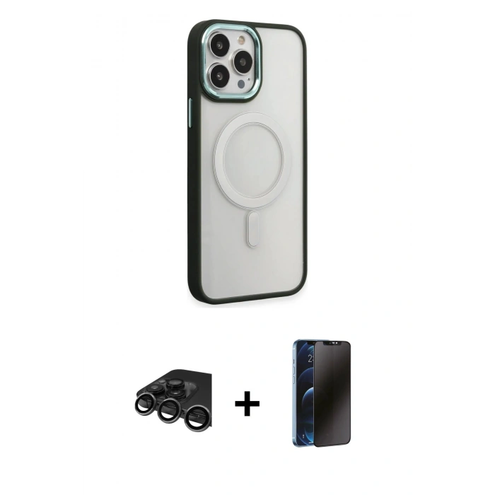 MARSİLYAN™- iPhone 15 Pro Max Kılıf Yankı Işık Özel Seri - Siyah 3D Antistatik Hayalet Cam Ekran Koruyucu + Raze Metal Kamera Lens - TMGI