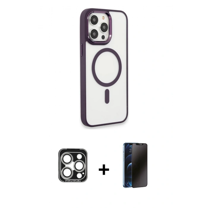 MARSİLYAN™- iPhone 15 Pro Max Kılıf Yankı Işık Özel Seri - Siyah 3D Antistatik Hayalet Cam Ekran Koruyucu + PVD Metal Kamera Lens - GS