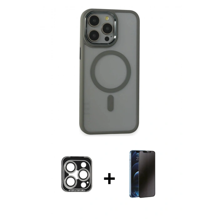 MARSİLYAN™- iPhone 15 Pro Max Kılıf Yankı Işık Özel Seri - Siyah 3D Antistatik Hayalet Cam Ekran Koruyucu + PVD Metal Kamera Lens - GS