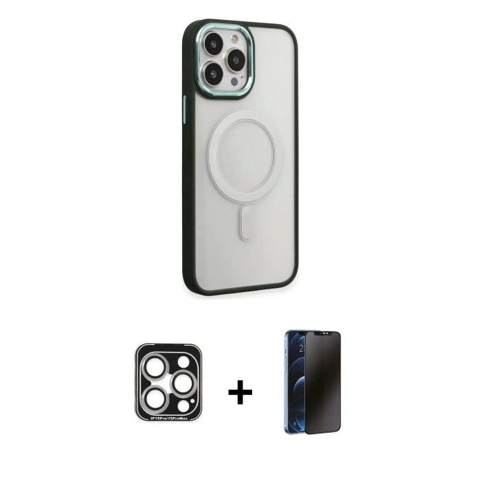 MARSİLYAN™- iPhone 15 Pro Max Kılıf Yankı Işık Özel Seri - Siyah 3D Antistatik Hayalet Cam Ekran Koruyucu + PVD Metal Kamera Lens - GS