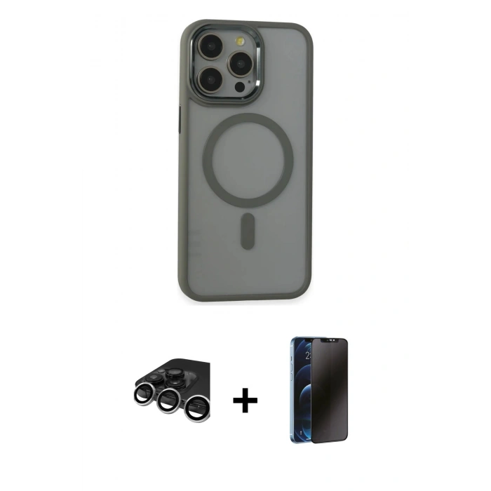 MARSİLYAN™- iPhone 15 Pro Max Kılıf Yankı Işık Özel Seri - Siyah 3D Antistatik Hayalet Cam Ekran Koruyucu + Raze Metal Kamera Lens - GS