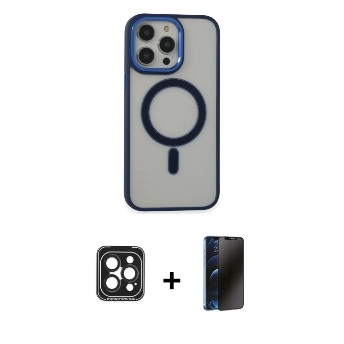 MARSİLYAN™- iPhone 15 Pro Max Kılıf Yankı Işık Özel Seri - Siyah 3D Antistatik Hayalet Cam Ekran Koruyucu + Siyah PVD Metal Kamera Lens