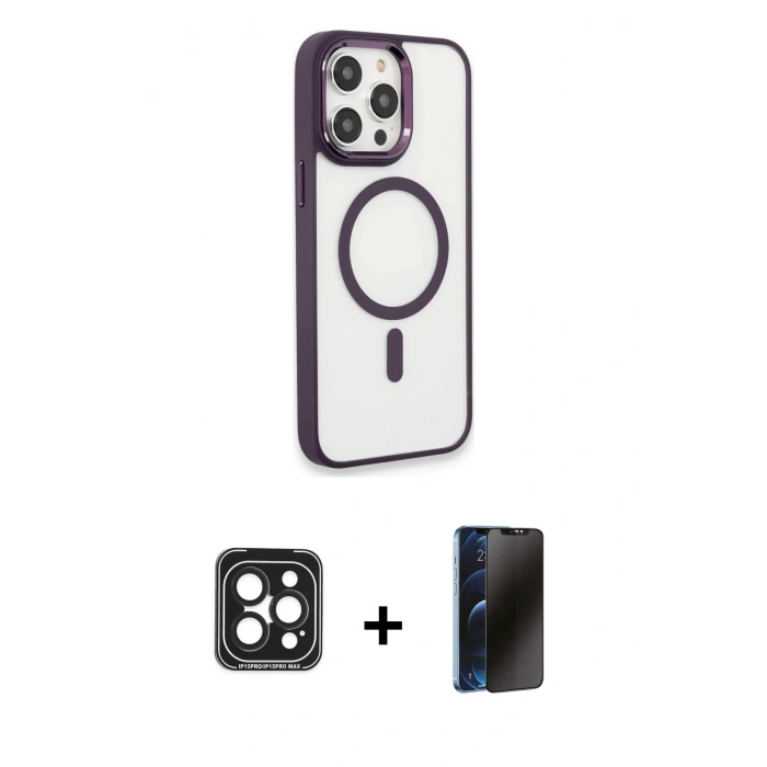 MARSİLYAN™- iPhone 15 Pro Max Kılıf Yankı Işık Özel Seri - Siyah 3D Antistatik Hayalet Cam Ekran Koruyucu + Siyah PVD Metal Kamera Lens