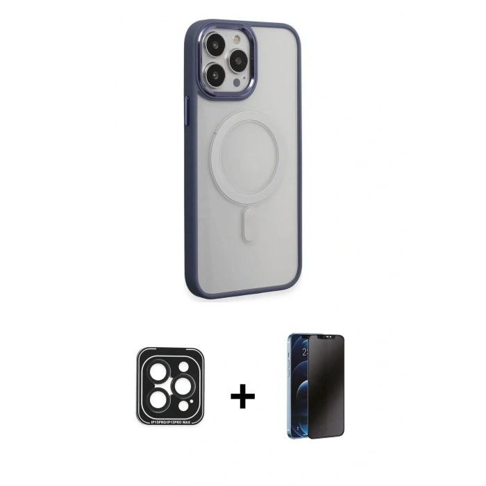 MARSİLYAN™- iPhone 15 Pro Max Kılıf Yankı Işık Özel Seri - Siyah 3D Antistatik Hayalet Cam Ekran Koruyucu + Siyah PVD Metal Kamera Lens