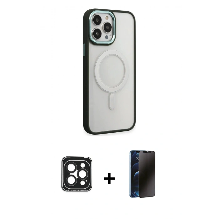 MARSİLYAN™- iPhone 15 Pro Max Kılıf Yankı Işık Özel Seri - Siyah 3D Antistatik Hayalet Cam Ekran Koruyucu + Siyah PVD Metal Kamera Lens