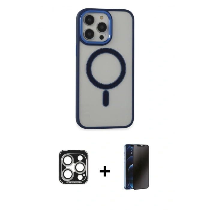 MARSİLYAN™- iPhone 15 Pro Max Kılıf Yankı Işık Özel Seri - Siyah 3D Antistatik Hayalet Cam Ekran Koruyucu + PVD Metal Kamera Lens - GS