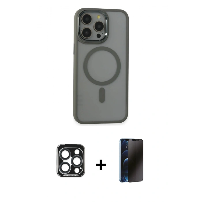MARSİLYAN™- iPhone 15 Pro Max Kılıf Yankı Işık Özel Seri - Siyah 3D Antistatik Hayalet Cam Ekran Koruyucu + PVD Metal Kamera Lens - LT
