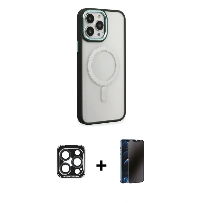 MARSİLYAN™- iPhone 15 Pro Max Kılıf Yankı Işık Özel Seri - Siyah 3D Antistatik Hayalet Cam Ekran Koruyucu + PVD Metal Kamera Lens - LT