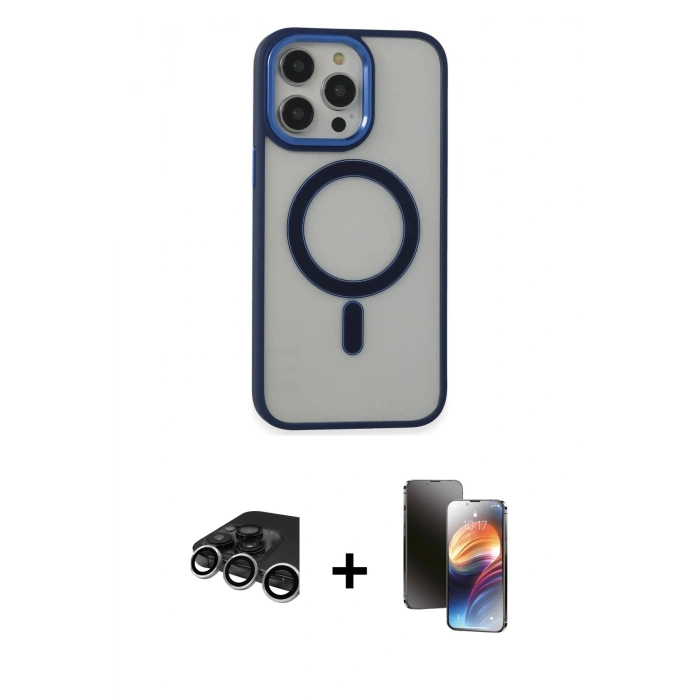 MARSİLYAN™- iPhone 15 Pro Max Kılıf Yankı Işık Özel Seri - Siyah 3D Antistatik Mat Seramik Nano Ekran Koruyucu + Gümüş Raze Metal Kamera Lens