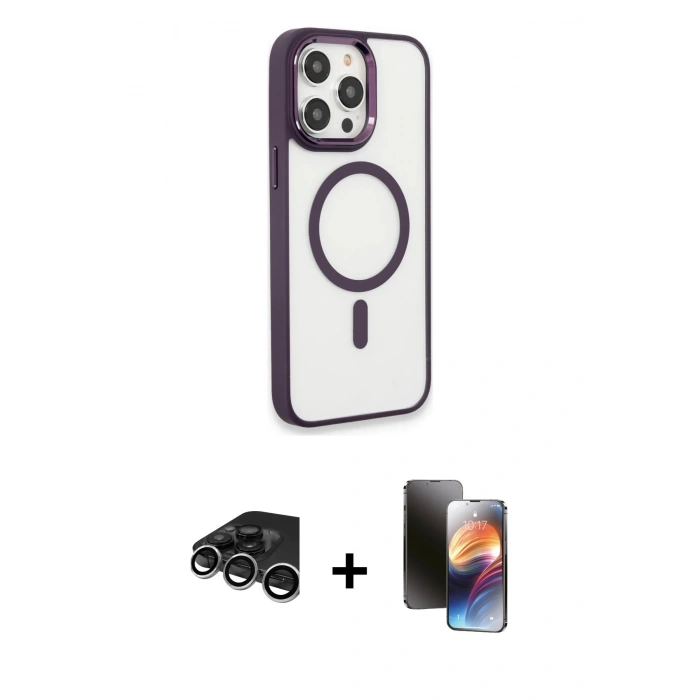 MARSİLYAN™- iPhone 15 Pro Max Kılıf Yankı Işık Özel Seri - Siyah 3D Antistatik Mat Seramik Nano Ekran Koruyucu + Gümüş Raze Metal Kamera Lens