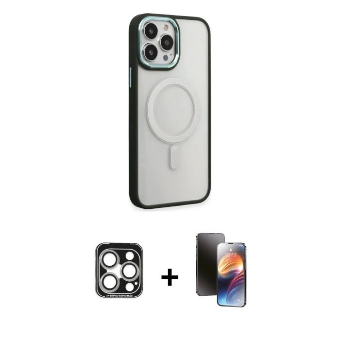 MARSİLYAN™- iPhone 15 Pro Max Kılıf Yankı Işık Özel Seri - Siyah 3D Antistatik Mat Seramik Nano Ekran Koruyucu + PVD Metal Kamera Lens - GS