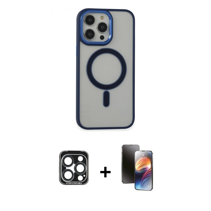 MARSİLYAN™- iPhone 15 Pro Max Kılıf Yankı Işık Özel Seri - Siyah 3D Antistatik Mat Seramik Nano Ekran Koruyucu + PVD Metal Kamera Lens - LT