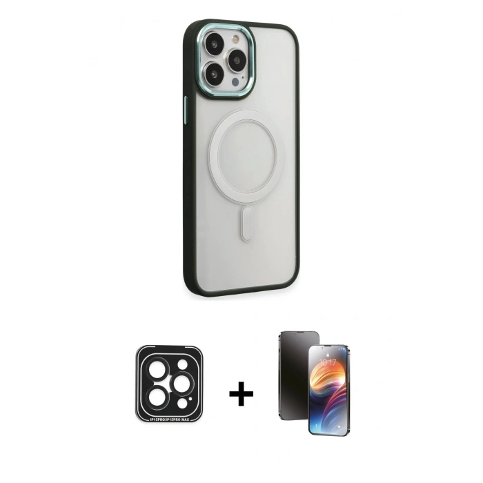 MARSİLYAN™- iPhone 15 Pro Max Kılıf Yankı Işık Özel Seri - Siyah 3D Antistatik Mat Seramik Nano Ekran Koruyucu + PVD Metal Kamera Lens - SH