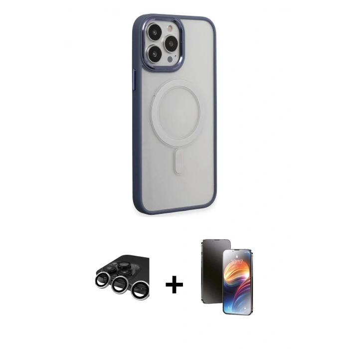 MARSİLYAN™- iPhone 15 Pro Max Kılıf Yankı Işık Özel Seri - Siyah 3D Antistatik Mat Seramik Nano Ekran Koruyucu + Gümüş Raze Metal Kamera Lens