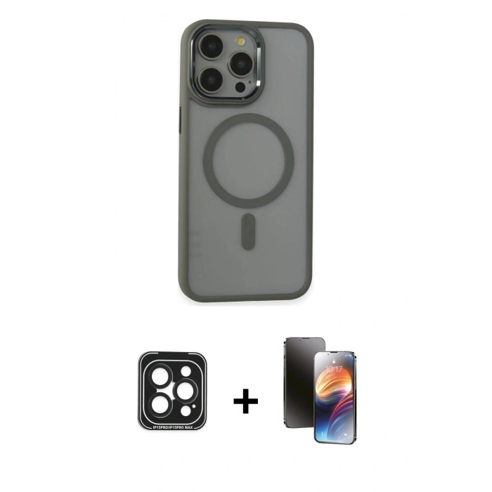 MARSİLYAN™- iPhone 15 Pro Max Kılıf Yankı Işık Özel Seri - Siyah 3D Antistatik Mat Seramik Nano Ekran Koruyucu + PVD Metal Kamera Lens - SH