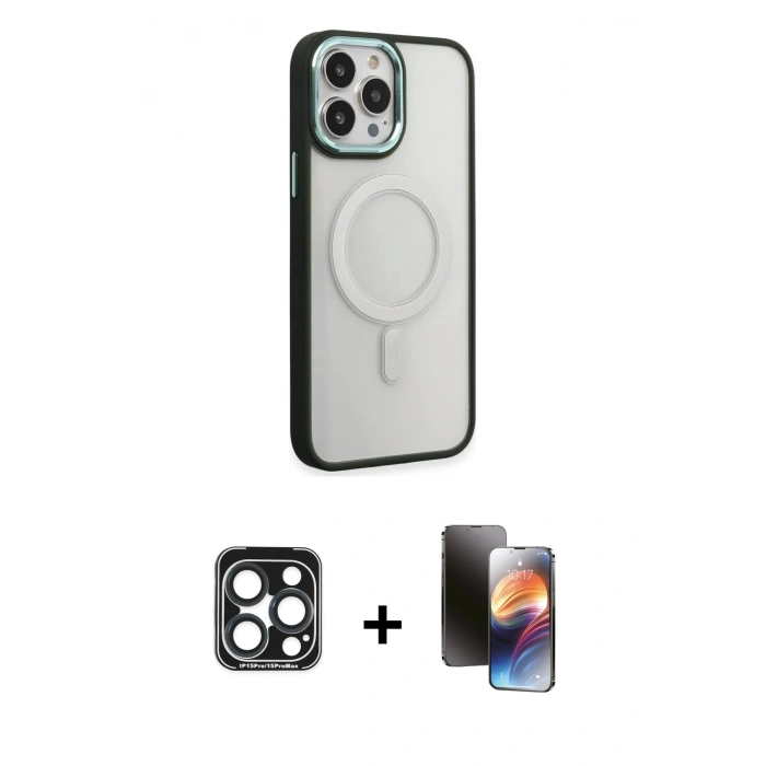 MARSİLYAN™- iPhone 15 Pro Max Kılıf Yankı Işık Özel Seri - Siyah 3D Antistatik Mat Seramik Nano Ekran Koruyucu + PVD Metal Kamera Lens - LT