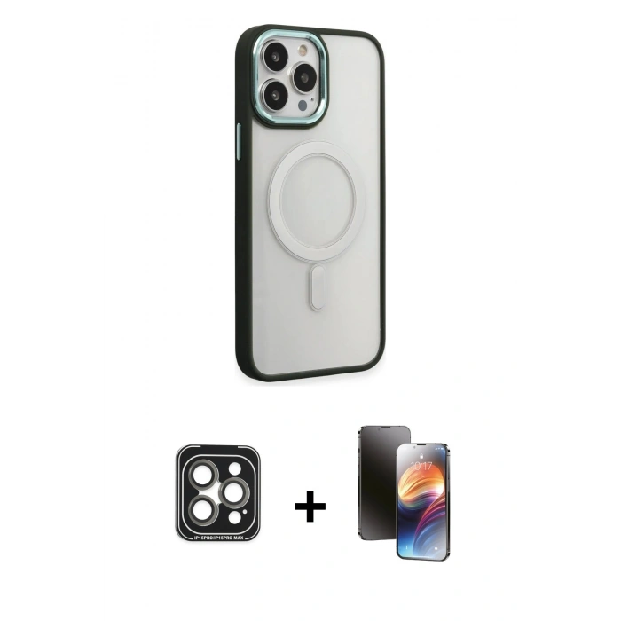 MARSİLYAN™- iPhone 15 Pro Max Kılıf Yankı Işık Özel Seri - Siyah 3D Antistatik Mat Seramik Nano Ekran Koruyucu + PVD Metal Kamera Lens - GI