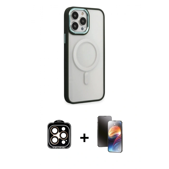 MARSİLYAN™- iPhone 15 Pro Max Kılıf Yankı Işık Özel Seri - Siyah 3D Antistatik Mat Seramik Nano Ekran Koruyucu + PVD Metal Kamera Lens - TU