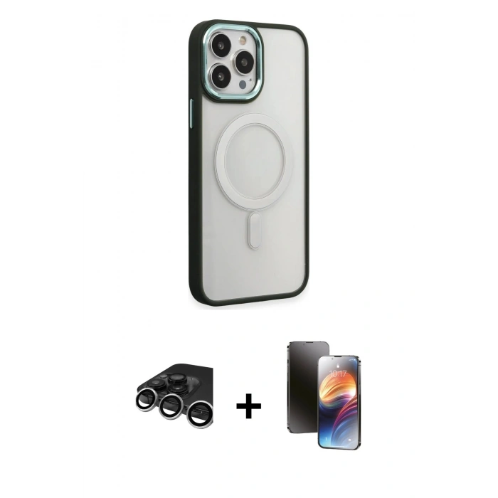 MARSİLYAN™- iPhone 15 Pro Max Kılıf Yankı Işık Özel Seri - Siyah 3D Antistatik Mat Seramik Nano Ekran Koruyucu + Gümüş Raze Metal Kamera Lens