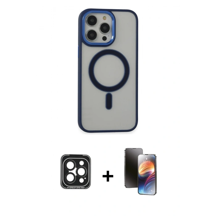 MARSİLYAN™- iPhone 15 Pro Max Kılıf Yankı Işık Özel Seri - Siyah 3D Antistatik Mat Seramik Nano Ekran Koruyucu + PVD Metal Kamera Lens - SH