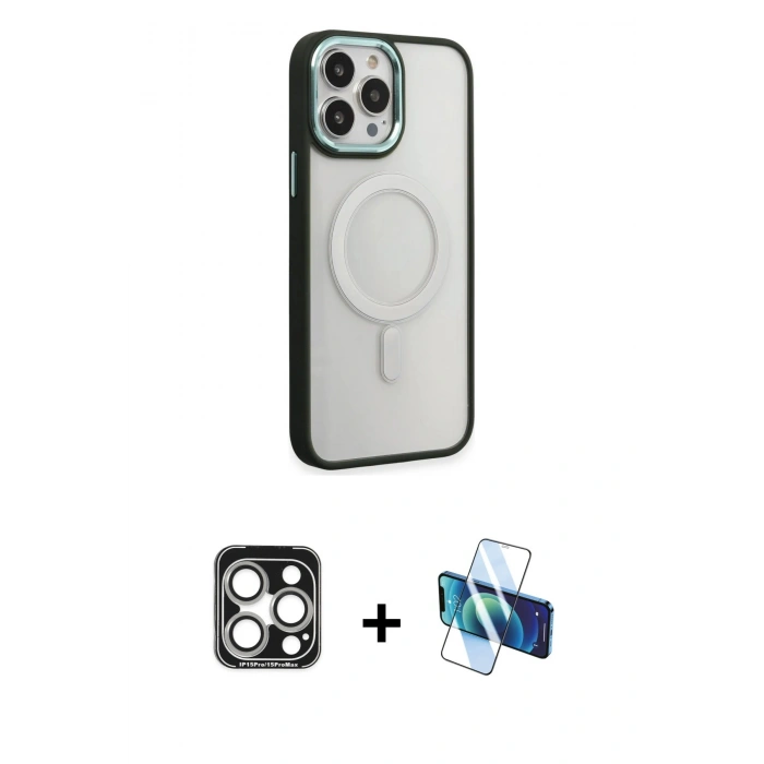 MARSİLYAN™- iPhone 15 Pro Max Kılıf Yankı Işık Özel Seri - Siyah 3D Antistatik Seramik Nano Ekran Koruyucu + PVD Metal Kamera Lens - GS