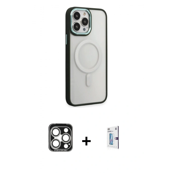 MARSİLYAN™- iPhone 15 Pro Max Kılıf Yankı Işık Özel Seri - Siyah Bilvis 0.18mm Plus Cam Ekran Koruyucu + PVD Metal Kamera Lens - GS