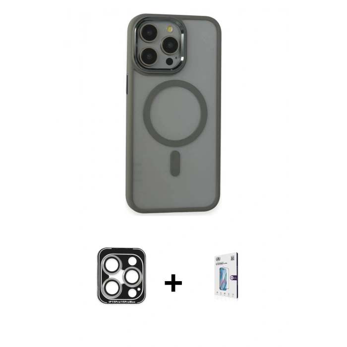 MARSİLYAN™- iPhone 15 Pro Max Kılıf Yankı Işık Özel Seri - Siyah Bilvis 0.18mm Plus Cam Ekran Koruyucu + PVD Metal Kamera Lens - GS
