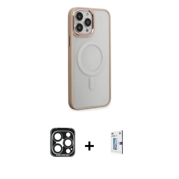 MARSİLYAN™- iPhone 15 Pro Max Kılıf Yankı Işık Özel Seri - Siyah Bilvis 0.18mm Plus Cam Ekran Koruyucu + PVD Metal Kamera Lens - LT