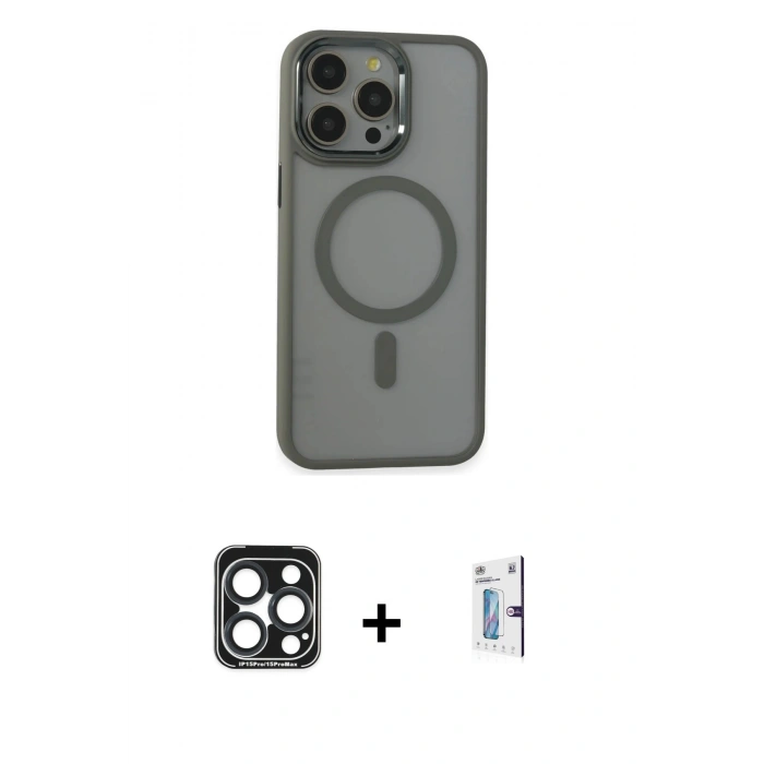 MARSİLYAN™- iPhone 15 Pro Max Kılıf Yankı Işık Özel Seri - Siyah Bilvis 0.18mm Plus Cam Ekran Koruyucu + PVD Metal Kamera Lens - LT