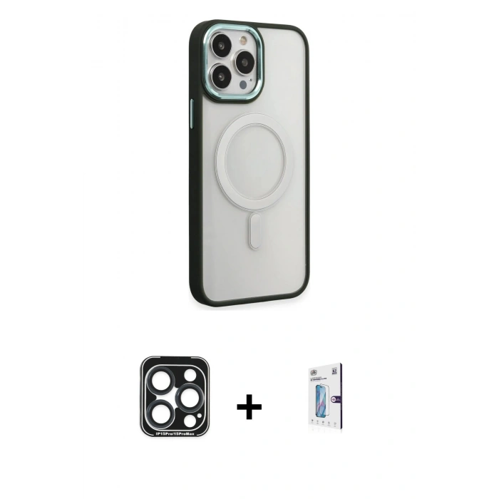 MARSİLYAN™- iPhone 15 Pro Max Kılıf Yankı Işık Özel Seri - Siyah Bilvis 0.18mm Plus Cam Ekran Koruyucu + PVD Metal Kamera Lens - LT
