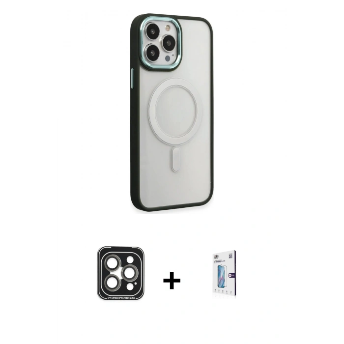 MARSİLYAN™- iPhone 15 Pro Max Kılıf Yankı Işık Özel Seri - Siyah Bilvis 0.18mm Plus Cam Ekran Koruyucu + PVD Metal Kamera Lens - GI