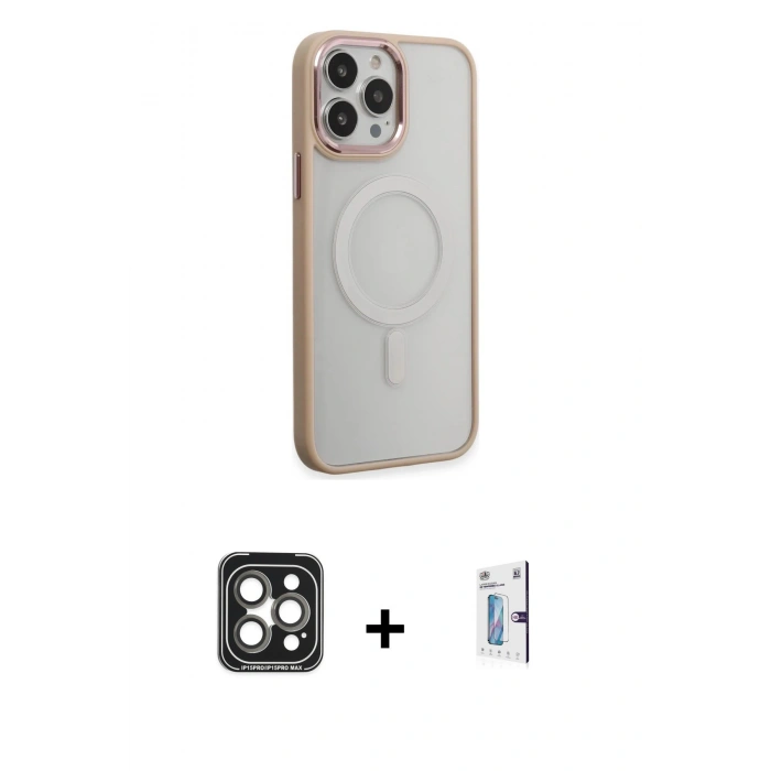 MARSİLYAN™- iPhone 15 Pro Max Kılıf Yankı Işık Özel Seri - Siyah Bilvis 0.18mm Plus Cam Ekran Koruyucu + PVD Metal Kamera Lens - GI
