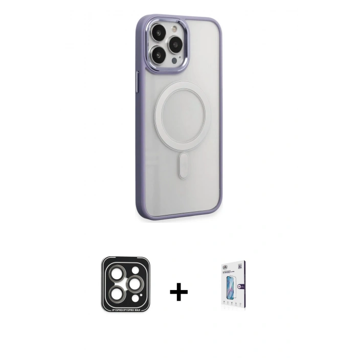 MARSİLYAN™- iPhone 15 Pro Max Kılıf Yankı Işık Özel Seri - Siyah Bilvis 0.18mm Plus Cam Ekran Koruyucu + PVD Metal Kamera Lens - GI