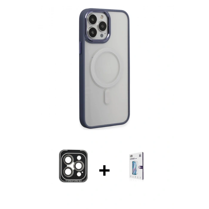 MARSİLYAN™- iPhone 15 Pro Max Kılıf Yankı Işık Özel Seri - Siyah Bilvis 0.18mm Plus Cam Ekran Koruyucu + PVD Metal Kamera Lens - GI