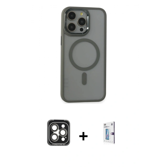MARSİLYAN™- iPhone 15 Pro Max Kılıf Yankı Işık Özel Seri - Siyah Bilvis 0.18mm Plus Cam Ekran Koruyucu + PVD Metal Kamera Lens - GI