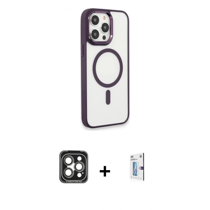 MARSİLYAN™- iPhone 15 Pro Max Kılıf Yankı Işık Özel Seri - Siyah Bilvis 0.18mm Plus Cam Ekran Koruyucu + PVD Metal Kamera Lens - GI