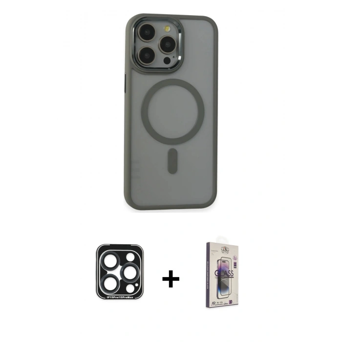 MARSİLYAN™- iPhone 15 Pro Max Kılıf Yankı Işık Özel Seri - Siyah Bilvis 3D Cam Ekran Koruyucu + PVD Metal Kamera Lens - LT