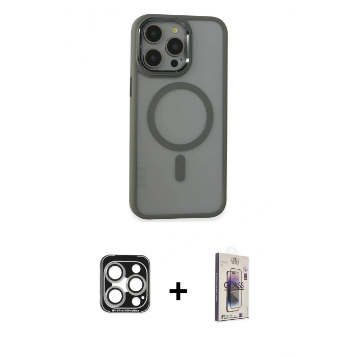 MARSİLYAN™- iPhone 15 Pro Max Kılıf Yankı Işık Özel Seri - Siyah Bilvis 3D Cam Ekran Koruyucu + PVD Metal Kamera Lens - GS