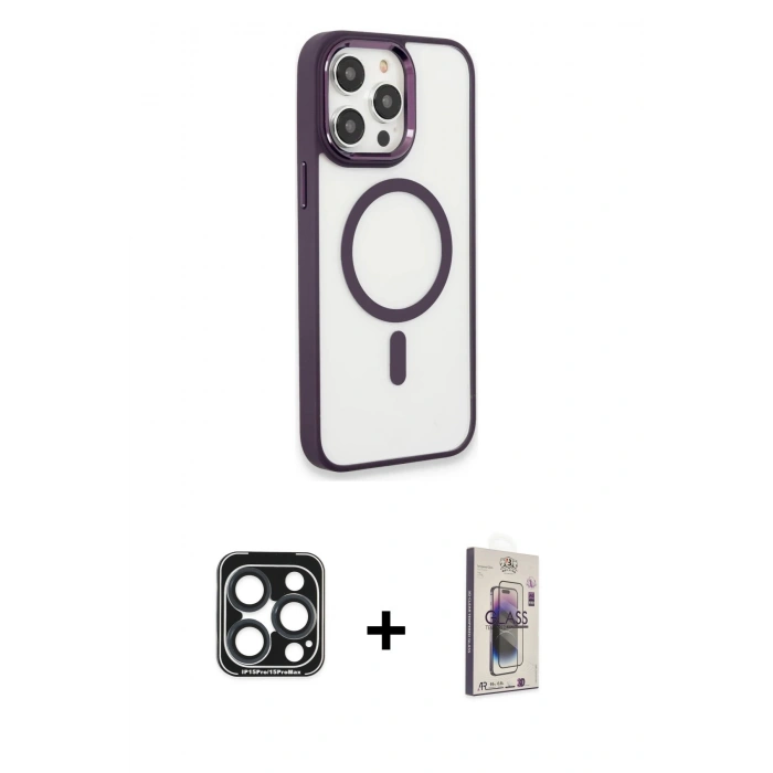 MARSİLYAN™- iPhone 15 Pro Max Kılıf Yankı Işık Özel Seri - Siyah Bilvis 3D Cam Ekran Koruyucu + PVD Metal Kamera Lens - LT