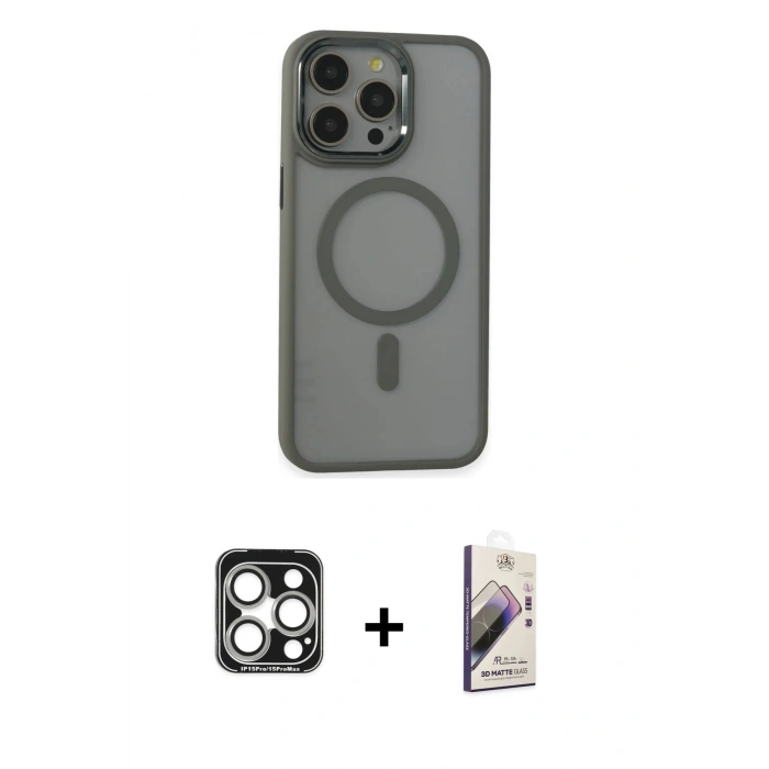 MARSİLYAN™- iPhone 15 Pro Max Kılıf Yankı Işık Özel Seri - Siyah Bilvis 3D Mat Cam Ekran Koruyucu + PVD Metal Kamera Lens - GS