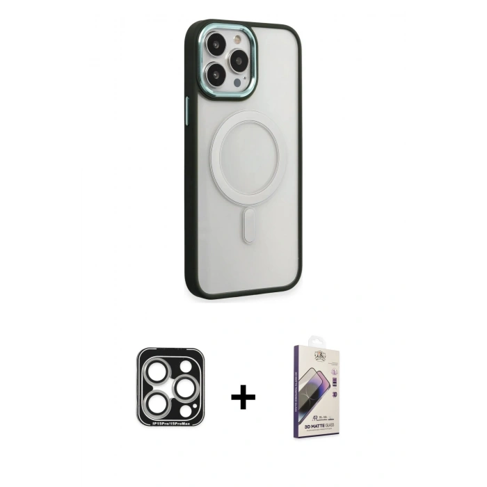 MARSİLYAN™- iPhone 15 Pro Max Kılıf Yankı Işık Özel Seri - Siyah Bilvis 3D Mat Cam Ekran Koruyucu + PVD Metal Kamera Lens - GS
