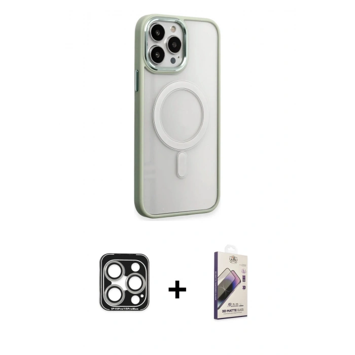 MARSİLYAN™- iPhone 15 Pro Max Kılıf Yankı Işık Özel Seri - Siyah Bilvis 3D Mat Cam Ekran Koruyucu + PVD Metal Kamera Lens - GS