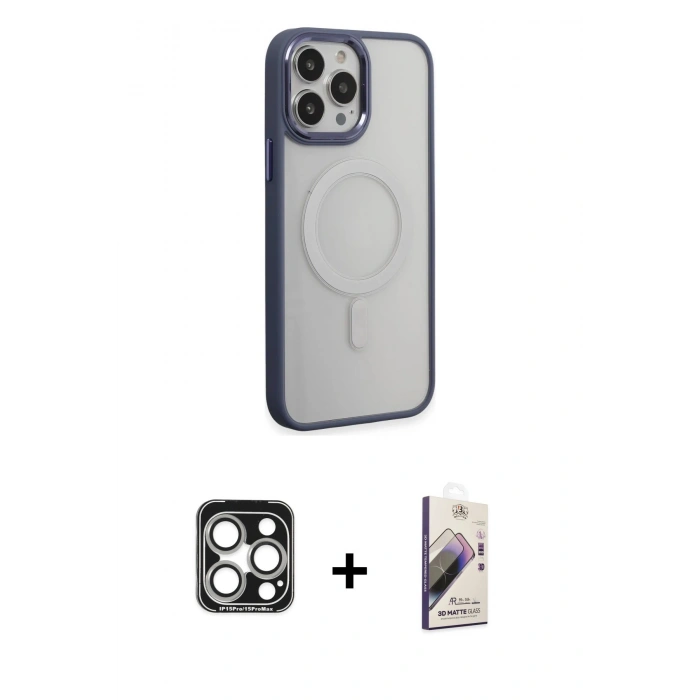 MARSİLYAN™- iPhone 15 Pro Max Kılıf Yankı Işık Özel Seri - Siyah Bilvis 3D Mat Cam Ekran Koruyucu + PVD Metal Kamera Lens - GS